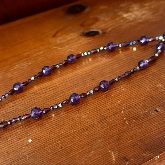 14K Gold Necklace Amethyst Garnet & Jade Beads Vintage Short Lariat Italy